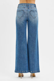RISEN High Rise Wide Leg Jenas with Front Yoke and Heart Back Pocket | Jeans Daverri Fashions