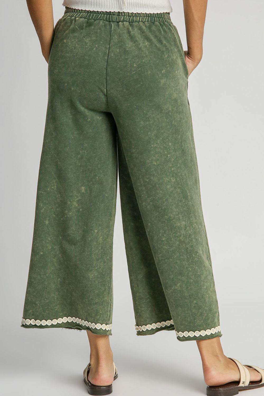 Umgee Green Peace Lace Applique Mineral Wash Wide Leg Pants | Pants Daverri Fashions