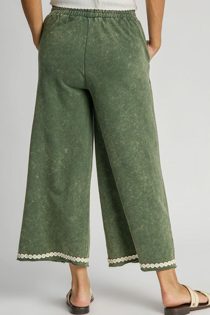 Umgee Green Peace Lace Applique Mineral Wash Wide Leg Pants - DAVERRI FASHIONS