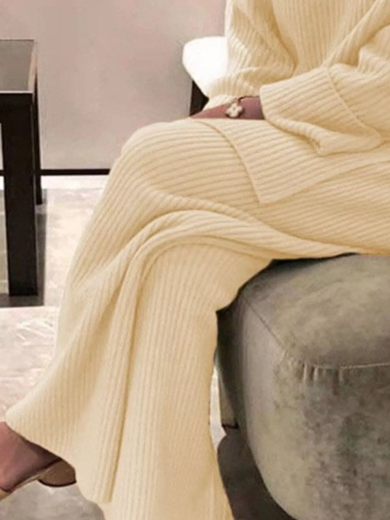 Cream-colored ribbed knit wide-leg pants from plus size sweater set