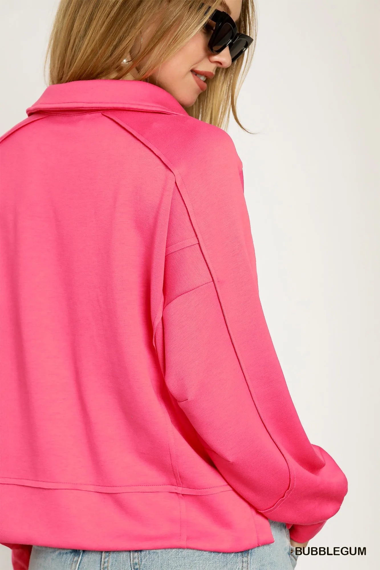 Umgee Exposed Seam Long Sleeve Polo Top with Side Slit Tops