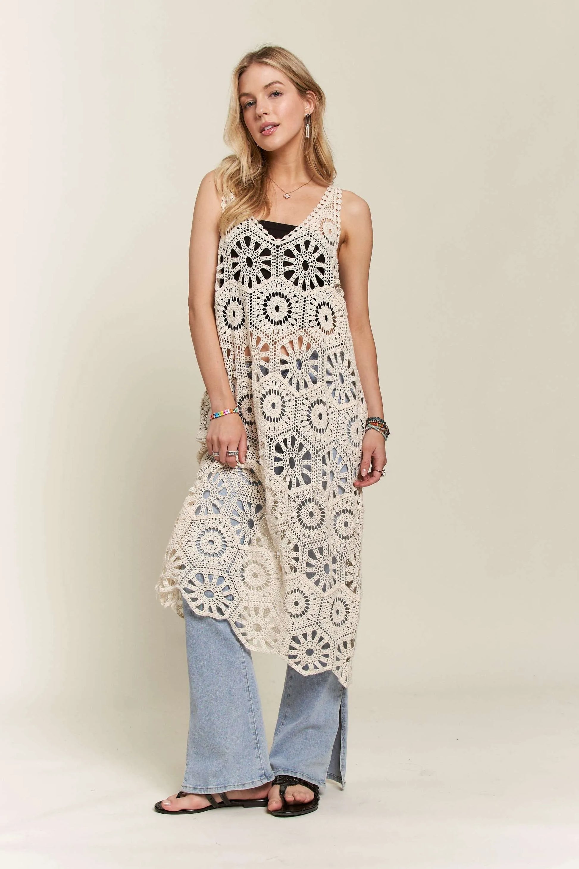 ADORA cream crochet sleeveless cover-up tunic with geometric pattern