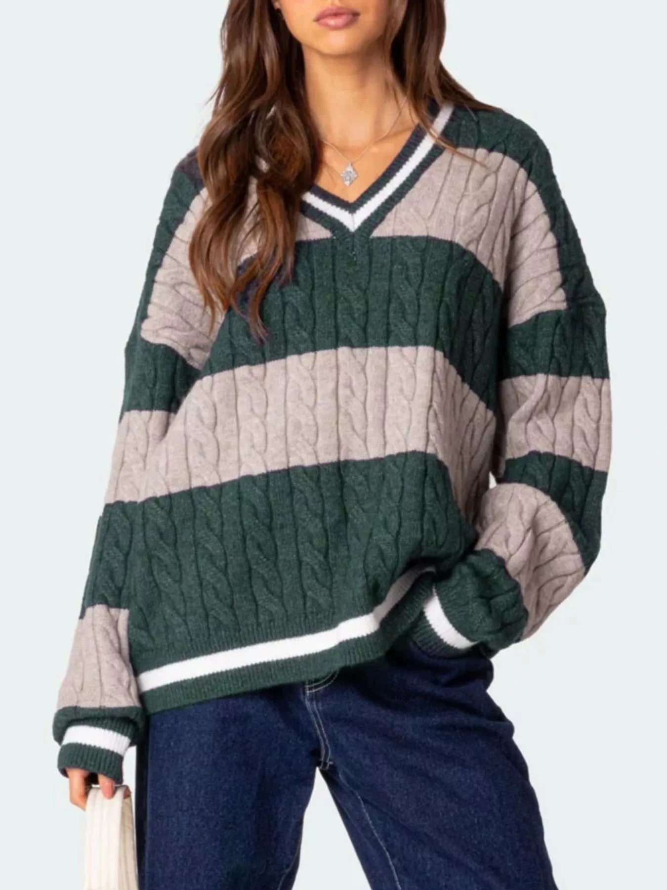 Striped Cable Knit V-Neck Sweater | Sweaters Daverri Fashions