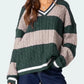 Striped Cable Knit V-Neck Sweater - DAVERRI FASHIONS