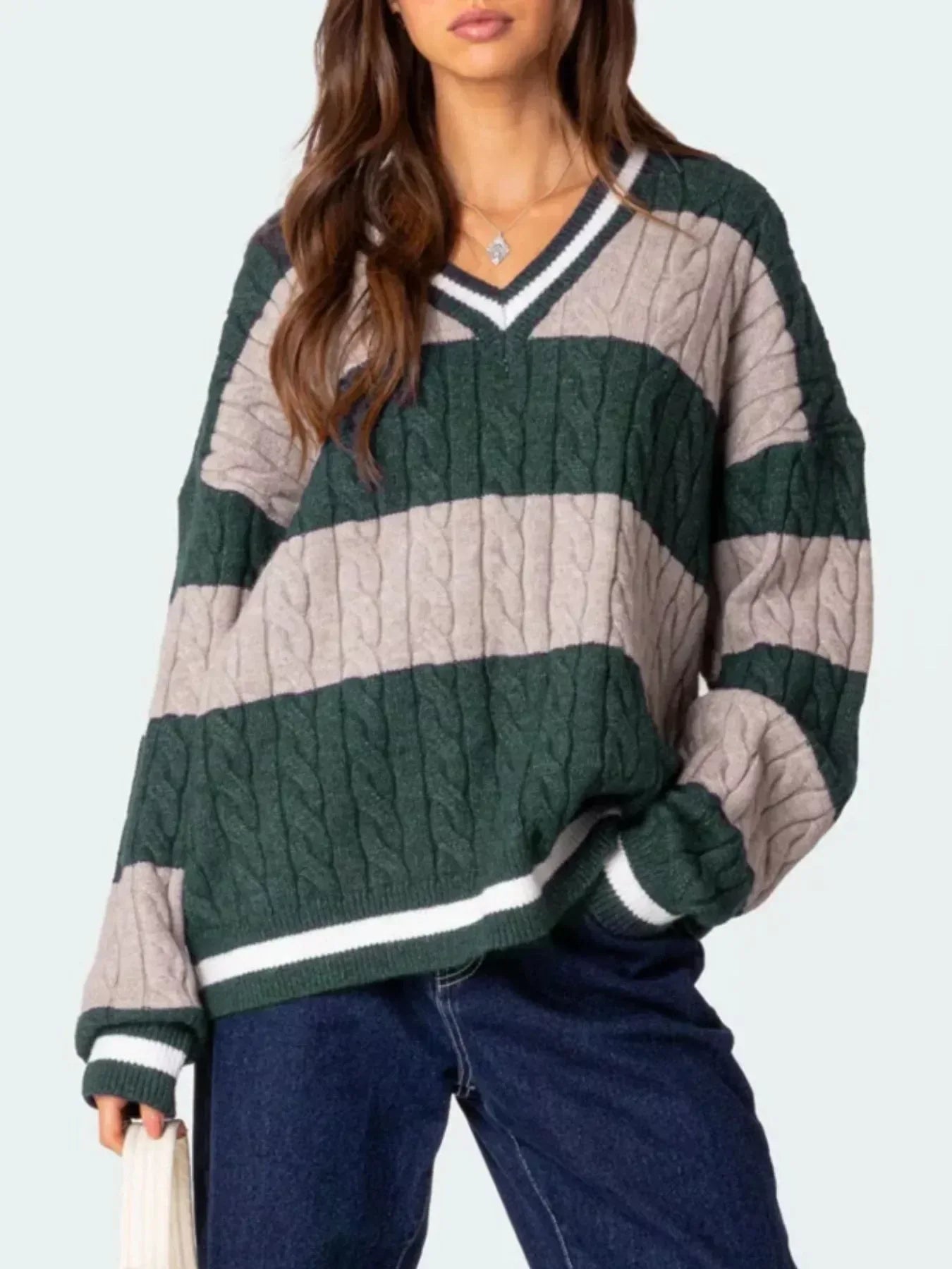 Striped Cable Knit V-Neck Sweater - DAVERRI FASHIONS