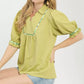 Umgee sage scalloped trim blouse with puff sleeves and ruffles