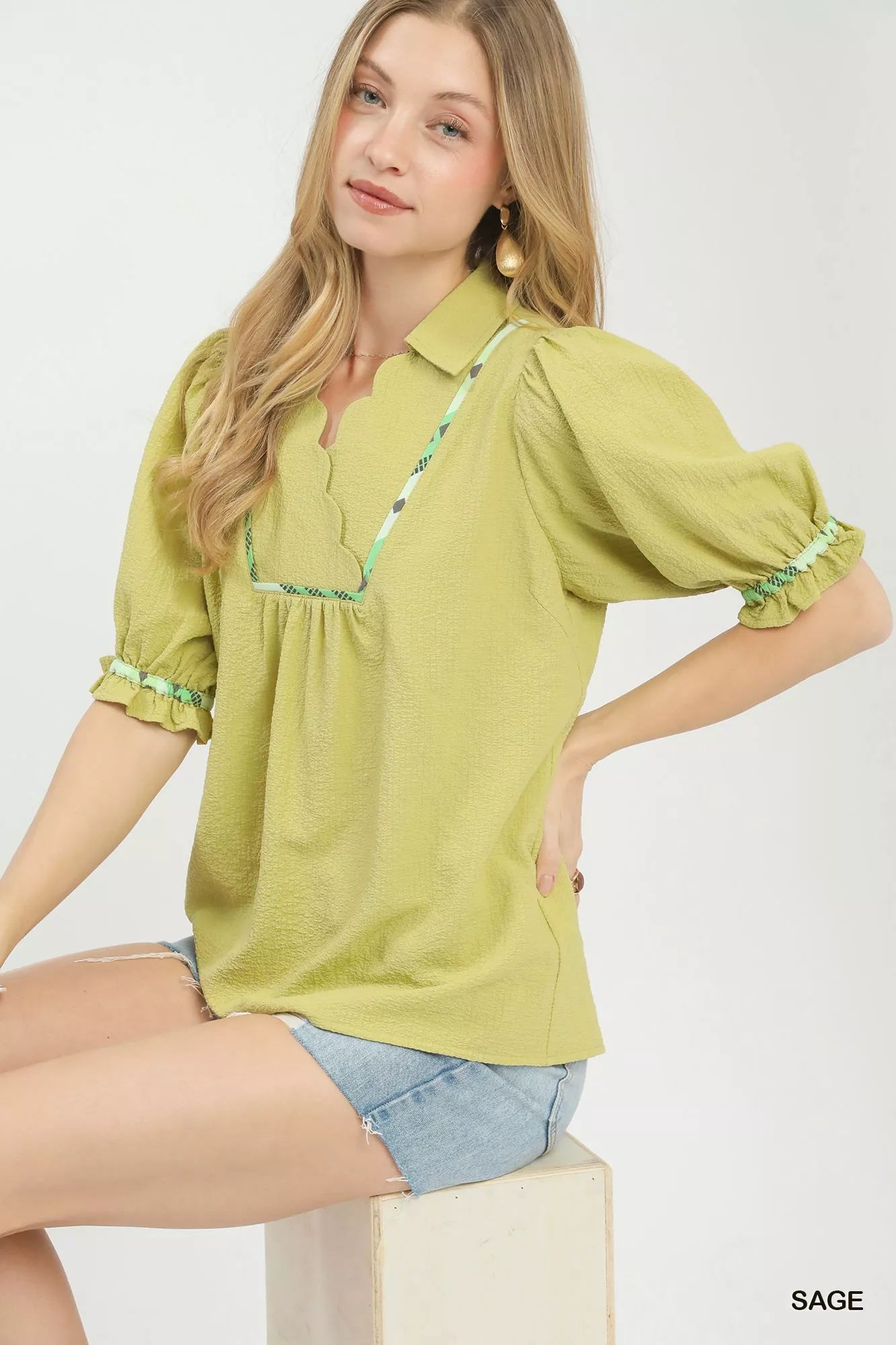 Umgee sage scalloped trim blouse with puff sleeves and ruffles