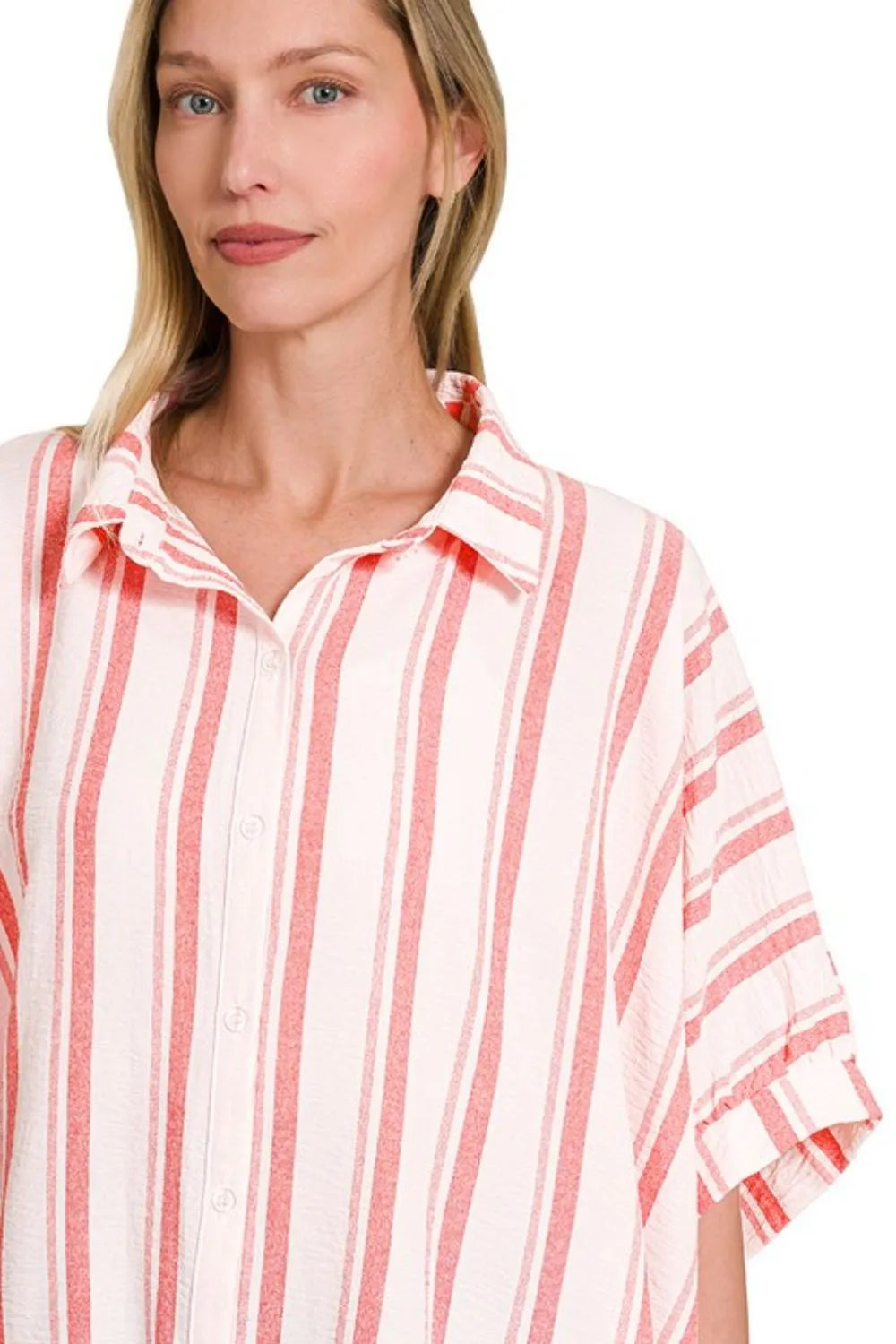 Zenana Woven Yarn-Dye Stripe Oversized Button Down Shirt | Daverri Fashions
