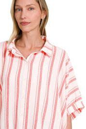 Zenana Woven Yarn-Dye Stripe Oversized Button Down Shirt | Daverri Fashions
