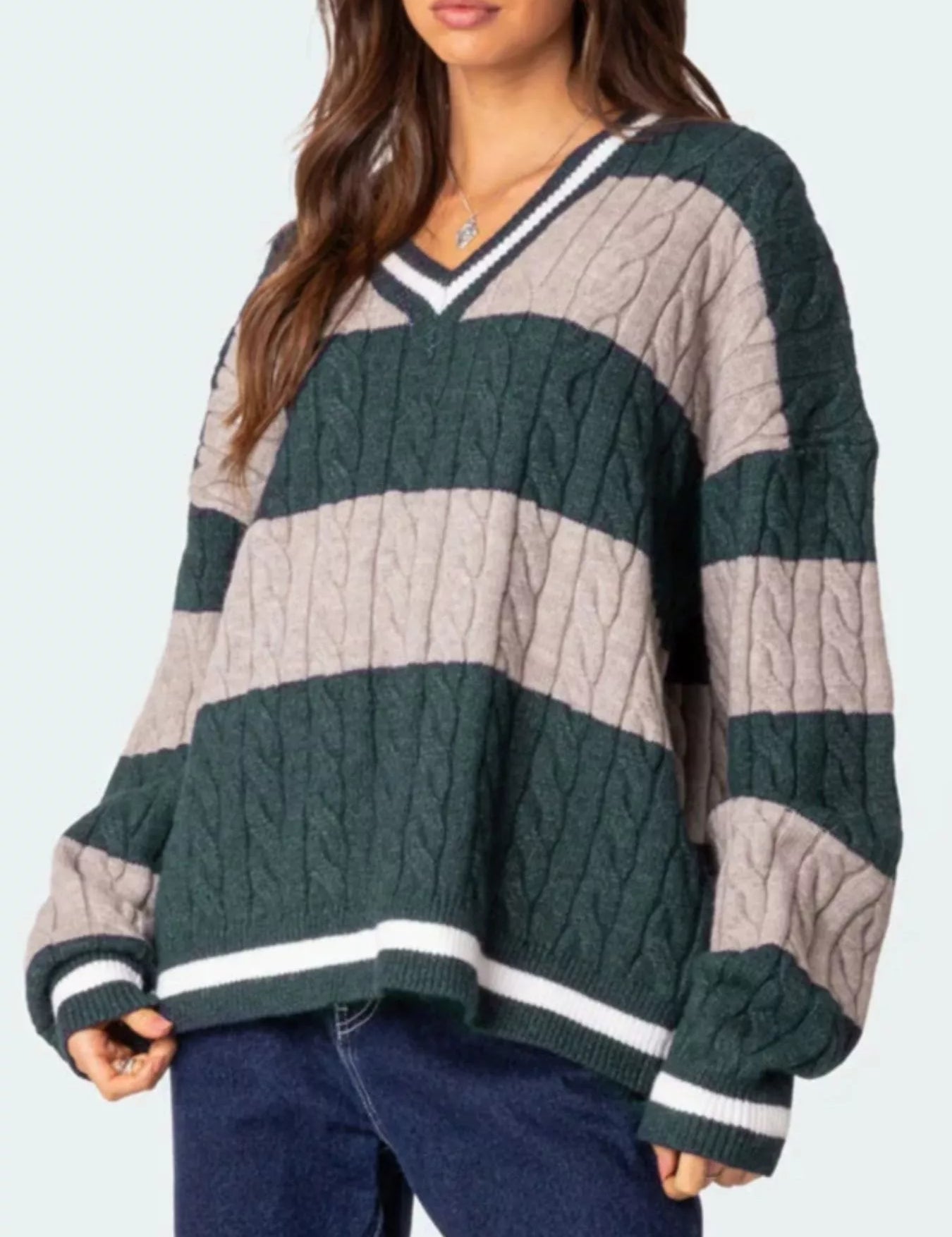 Striped Cable Knit V-Neck Sweater | Sweaters Daverri Fashions