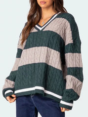 Striped Cable Knit V-Neck Sweater | Sweaters Daverri Fashions