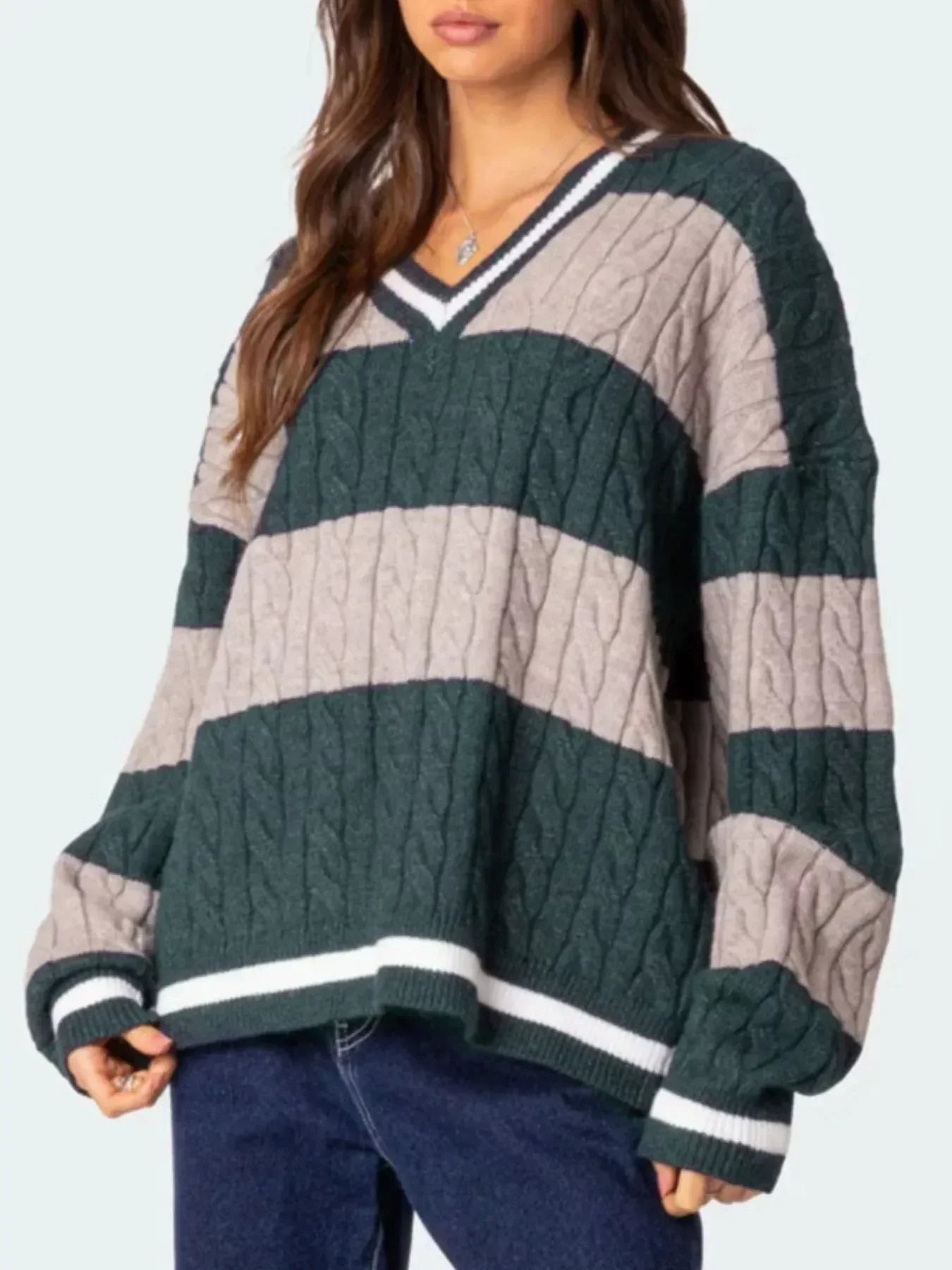Striped Cable Knit V-Neck Sweater - DAVERRI FASHIONS