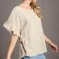 Umgee Full Size Raw Hem Ruffle Short Sleeve Blouse Plus Size Blouses