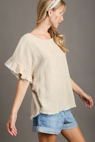 Umgee Full Size Raw Hem Ruffle Short Sleeve Blouse Plus Size Tops