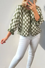 Double Take Tied Checkered Dropped Shoulder Flounce Sleeve Cardigan | Cardigans Daverri Fashions