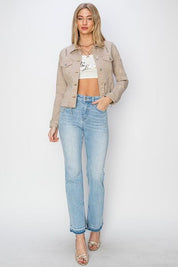 RISEN Full Size Raw Hem Button Up Cropped Denim Jacket Plus Size