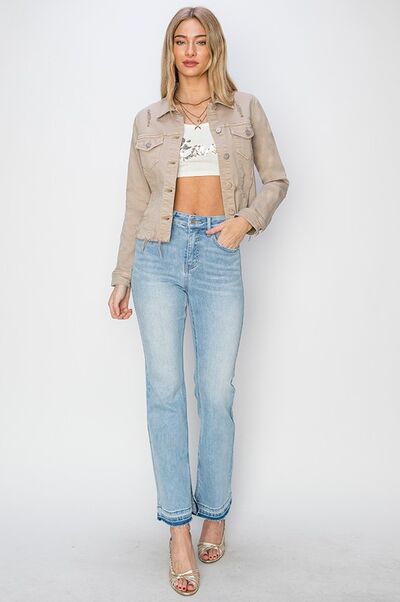 RISEN Full Size Raw Hem Button Up Cropped Denim Jacket Plus Size