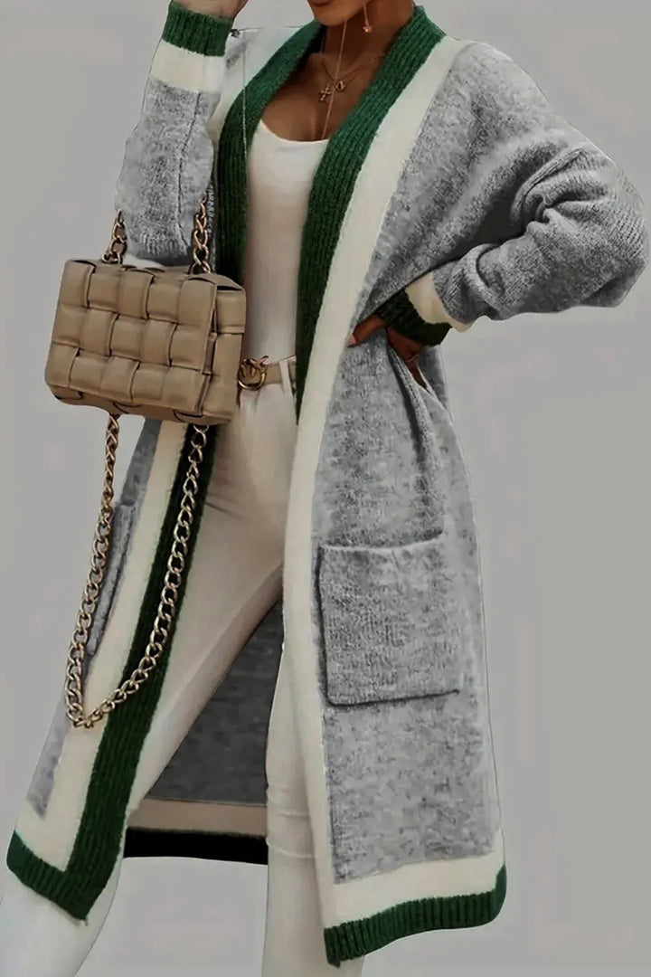 Pocketed Contrast Long Sleeve Hooded Cardigan | Cardigans Daverri Fashions