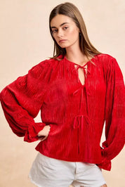 BiBi Christmas Theme Velvet Bow Tied Top With Neck Drop - DAVERRI FASHIONS