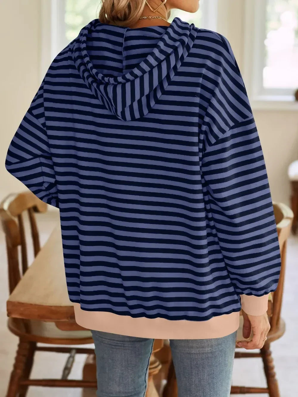 Lovelet Drawstring Striped Long Sleeve Hoodie - DAVERRI FASHIONS