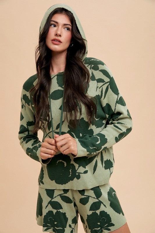 Annie Wear Flower Pattern Drawstring Hooded Top and Shorts Sweater Set Green combo XL Outfit Sets