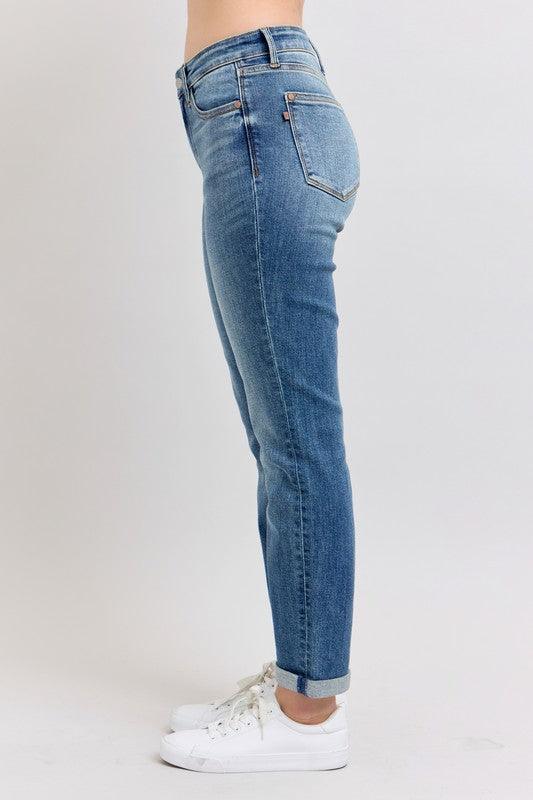 Judy Blue Full Size Mid Rise Skinny Cuff Jeans with Pockets Plus Size - DAVERRI FASHIONS