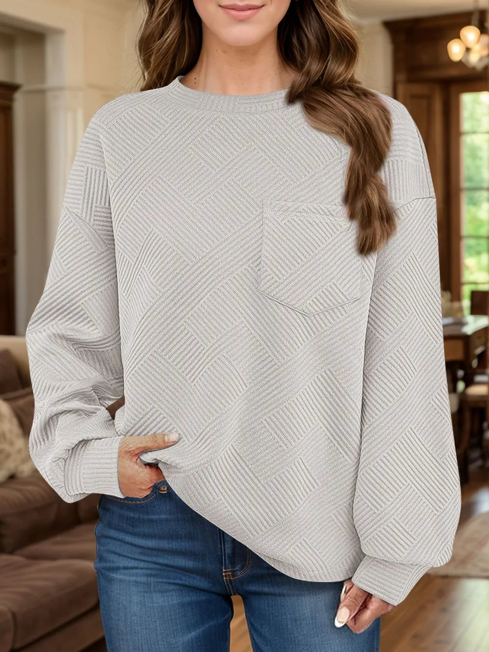 Full Size Texture Round Neck Long Sleeve Sweatshirt | Sweatshirts Daverri Fashions