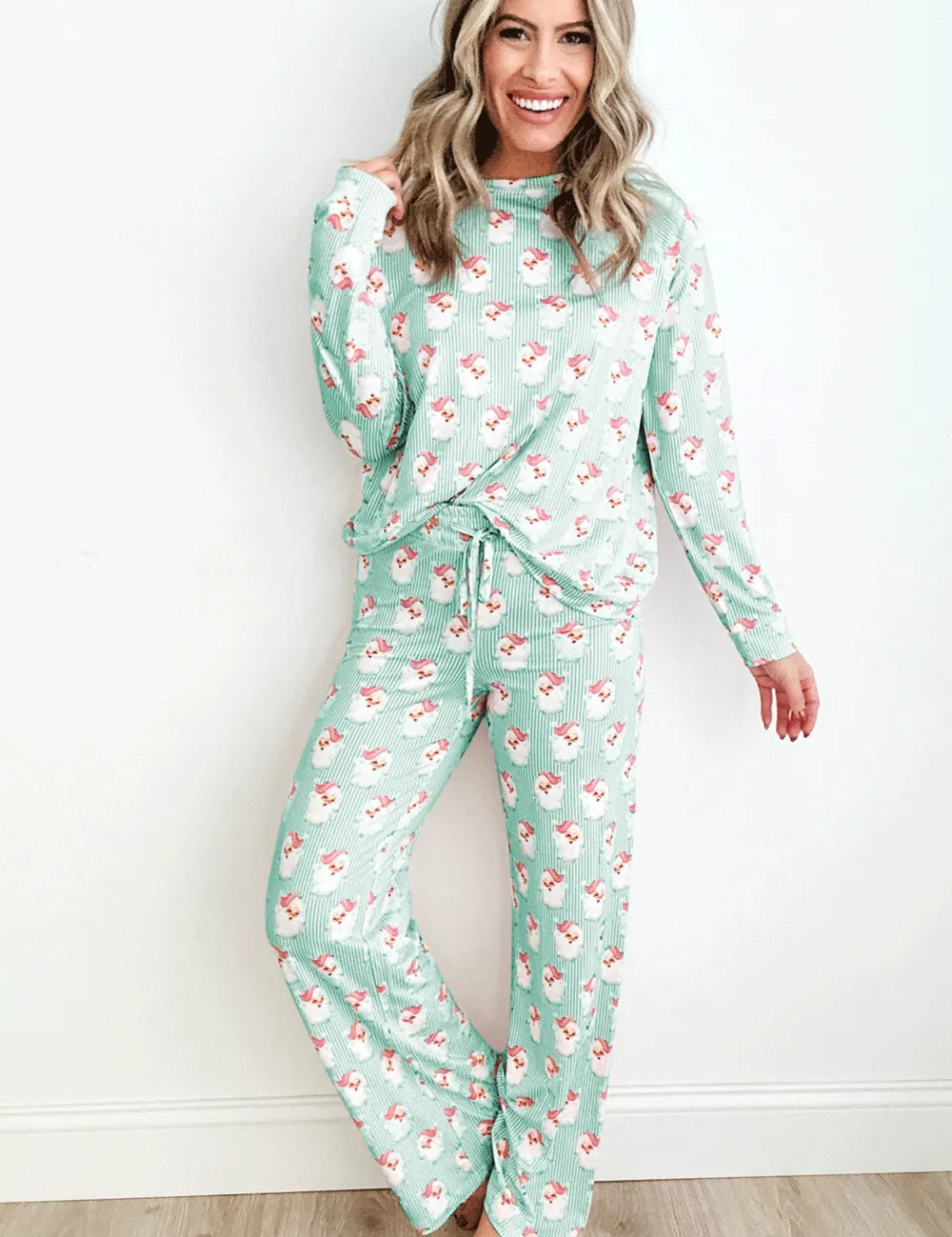 Santa Print Long Sleeve Top and Pants Lounge Set | Loungewear Sets Daverri Fashions