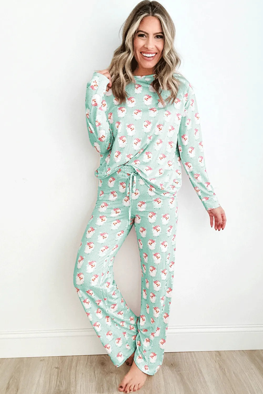 Santa Print Long Sleeve Top and Pants Lounge Set | Loungewear Sets Daverri Fashions