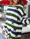 Daverri Stars and Stripes long-sleeve knit dress in navy, green, white stripes with stars