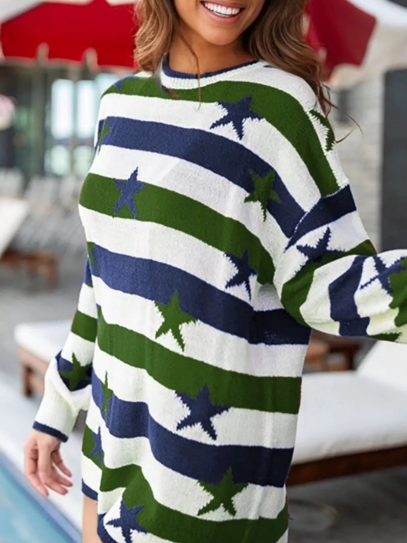 Daverri Stars and Stripes long-sleeve knit dress in navy, green, white stripes with stars