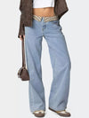 Plaid trim light-wash denim wide-leg flare jeans back view