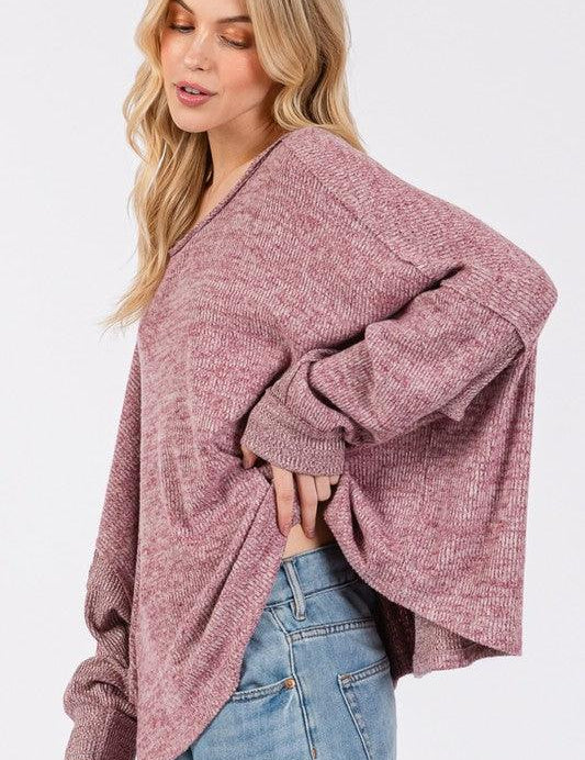 SAGE + FIG Round Neck Batwing Sleeve Oversize Top | Tops Daverri Fashions