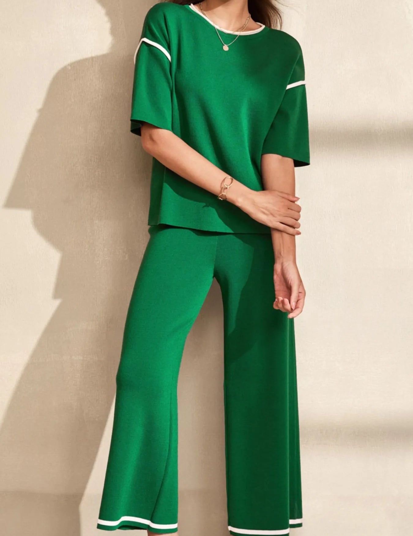 Dark Green Contrast Trim T-Shirt and Drawstring Pants Set | Loungewear Sets Daverri Fashions