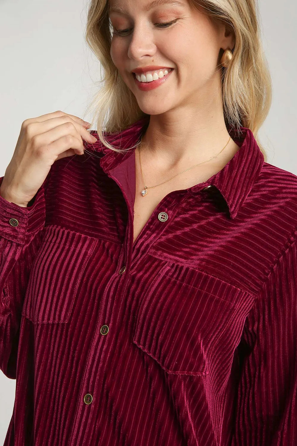 Umgee Texture Curved Hem Button Down Shirt Dress Midi Dresses
