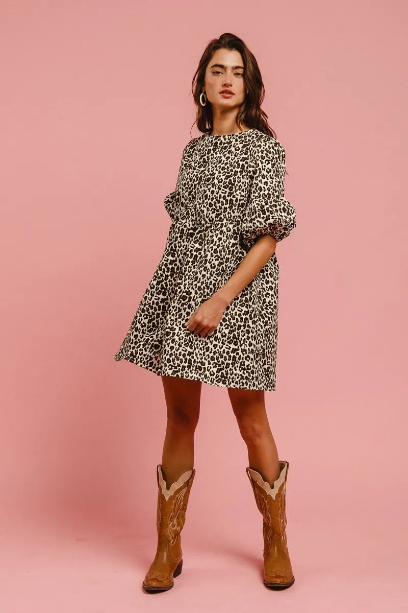 BiBi Leopard Denim Dress With Back Contrast Tie Detail | Daverri Fashions