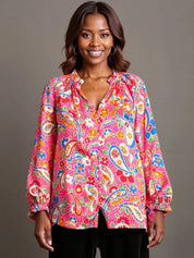 Umgee Full Size Satin Paisley Ruffle Neck Button-Up Shirt Plus Size | Shirts Daverri Fashions