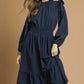 Umgee Textured Midi Dress with Ruffle Shoulder Detail Navy