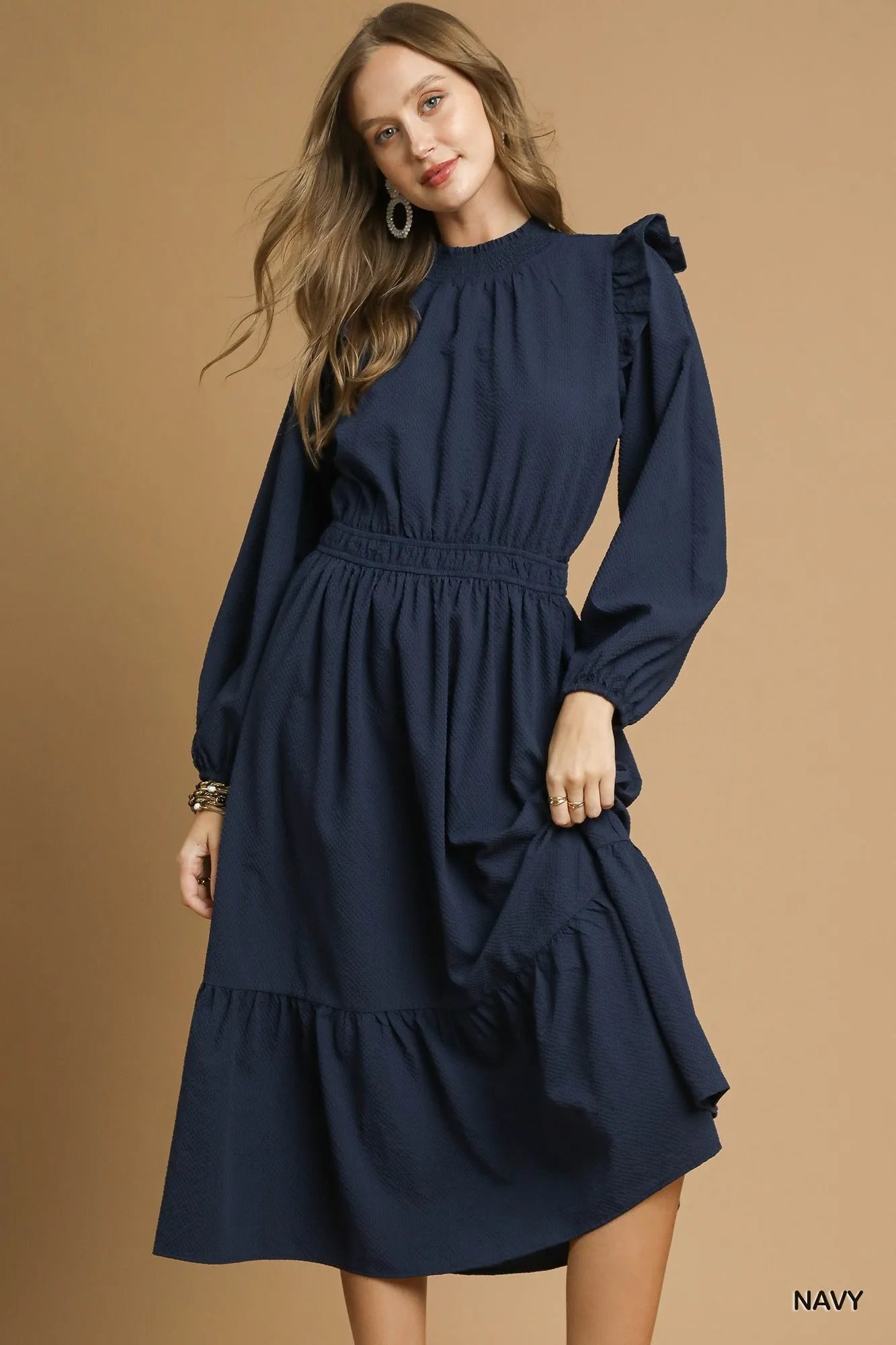 Umgee Textured Midi Dress with Ruffle Shoulder Detail Navy