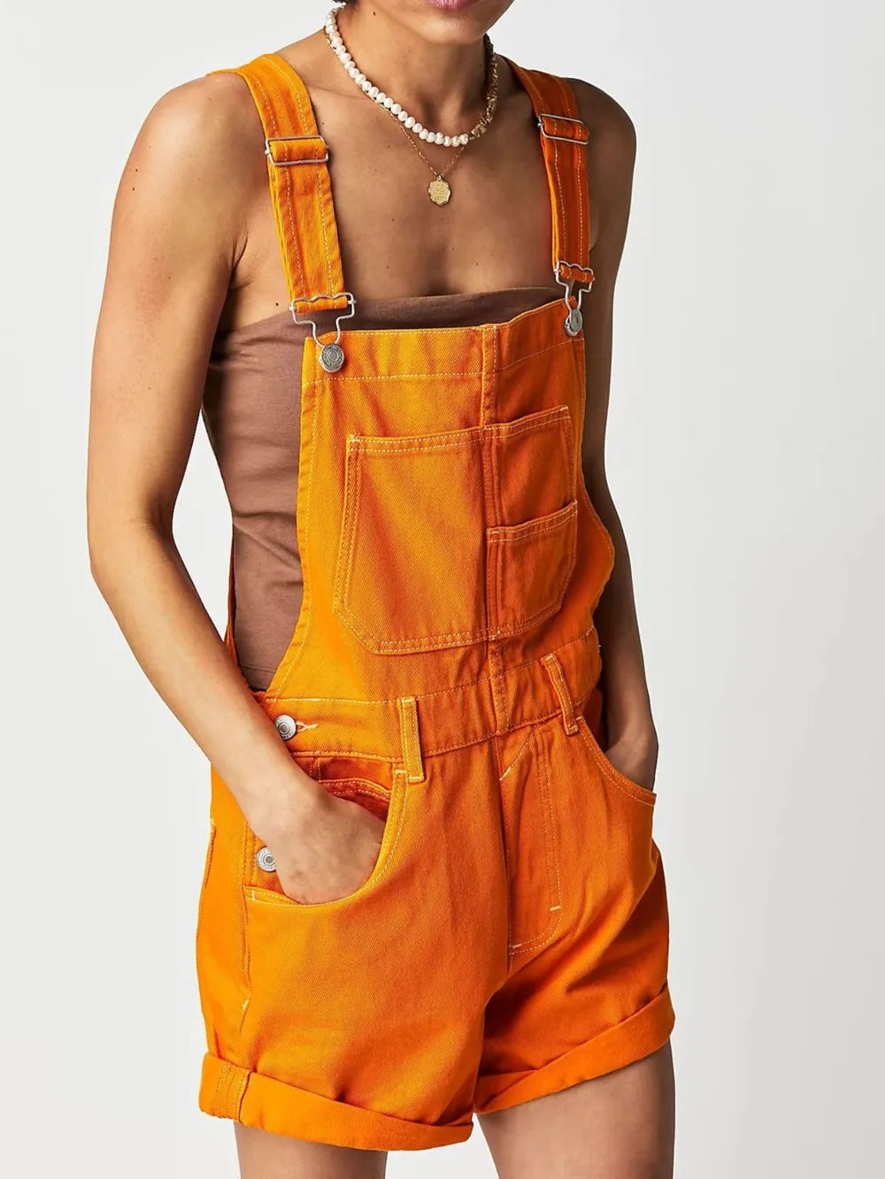 Daverri square neck wide strap denim shortalls in bright orange with rolled cuffs