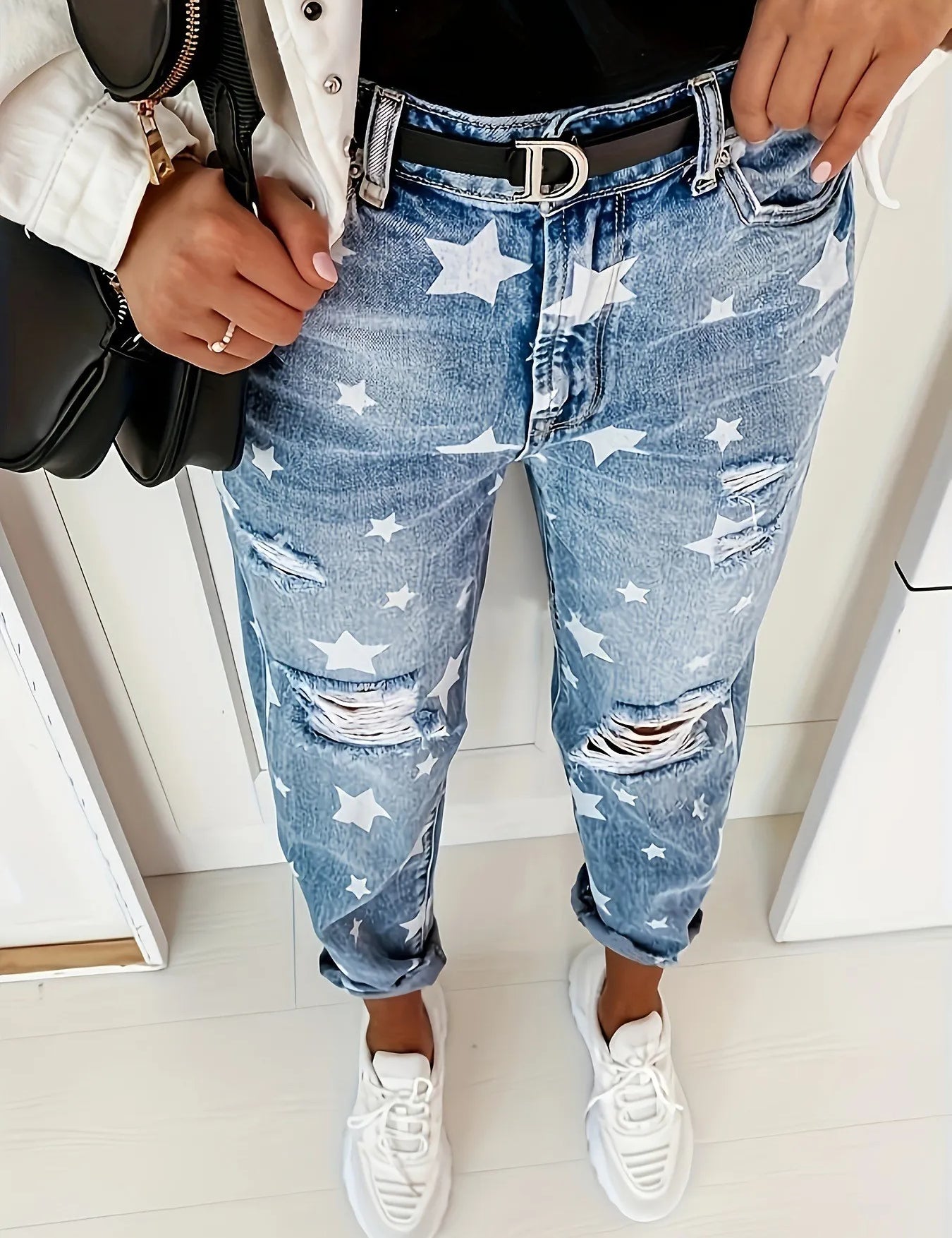 Light Blue Star Print Distressed High Waist Boyfriend Jeans | Jeans Daverri Fashions