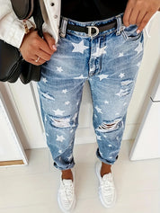 Light Blue Star Print Distressed High Waist Boyfriend Jeans | Jeans Daverri Fashions