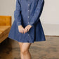 Classic blue denim shirt collar long sleeve flared mini dress