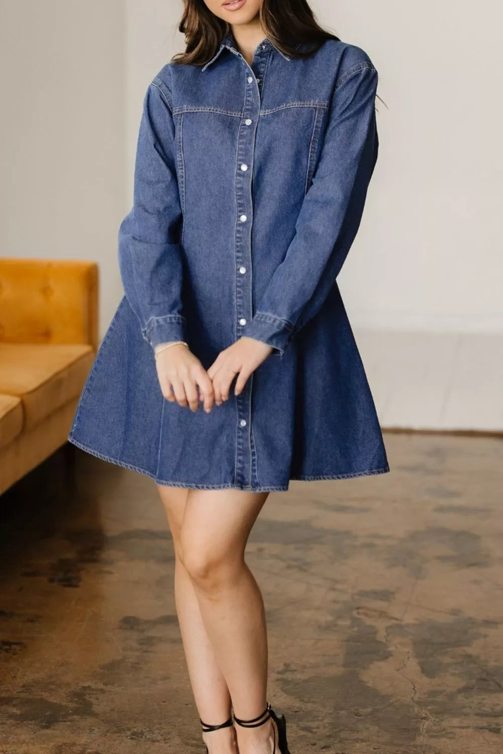 Classic blue denim shirt collar long sleeve flared mini dress