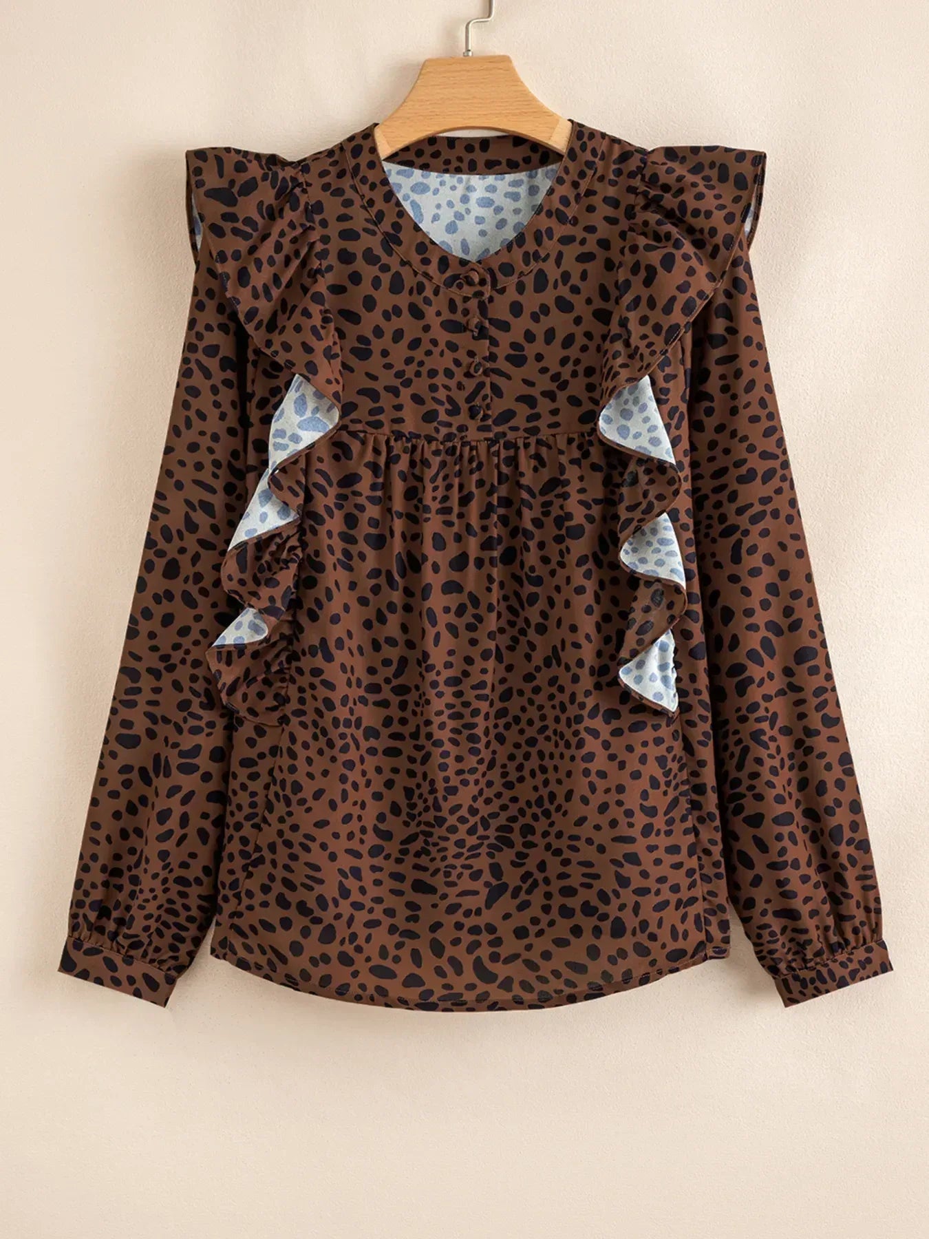 Leopard Print Ruffled Puff Sleeve Blouse - DAVERRI FASHIONS