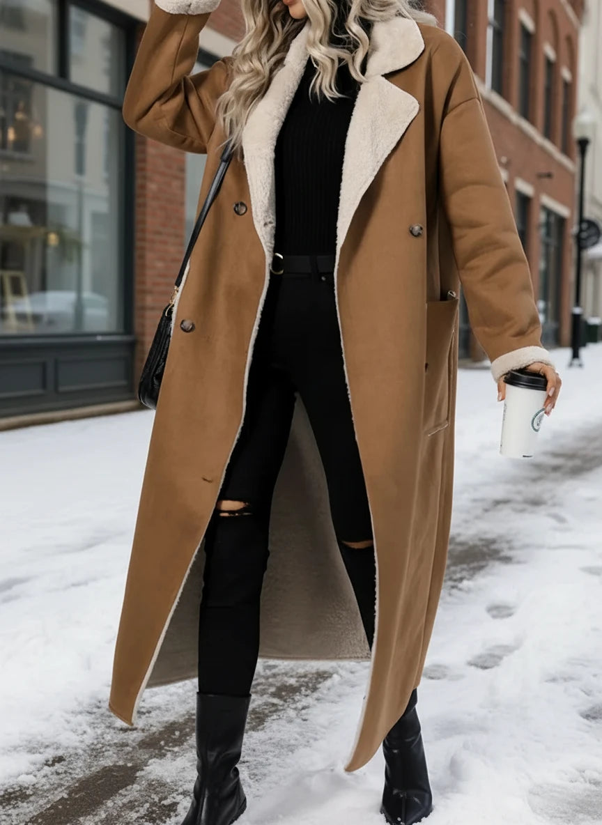 Cozy plus size drop shoulder sherpa longline coat in camel shearling
