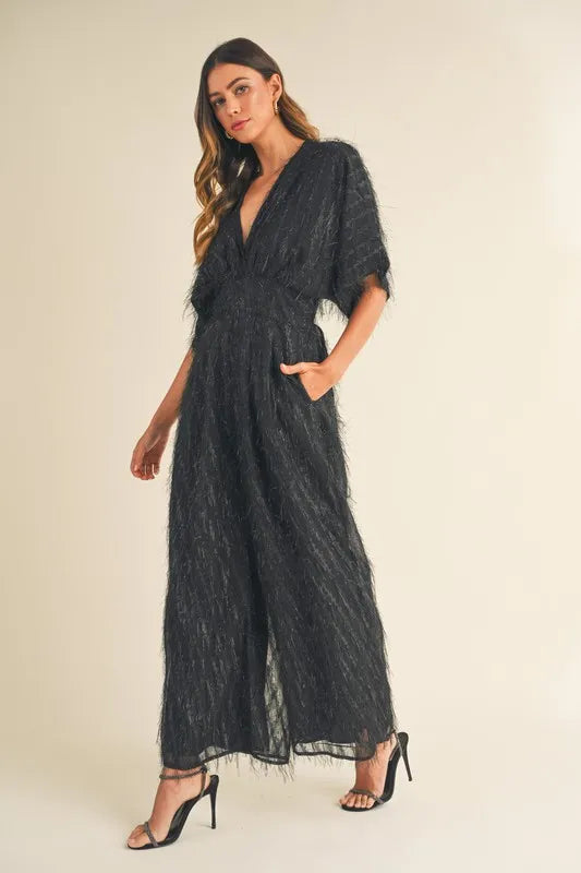 MABLE Fluffy Deep V Neck Wide Leg Jumpsuit Black Jumpsuits