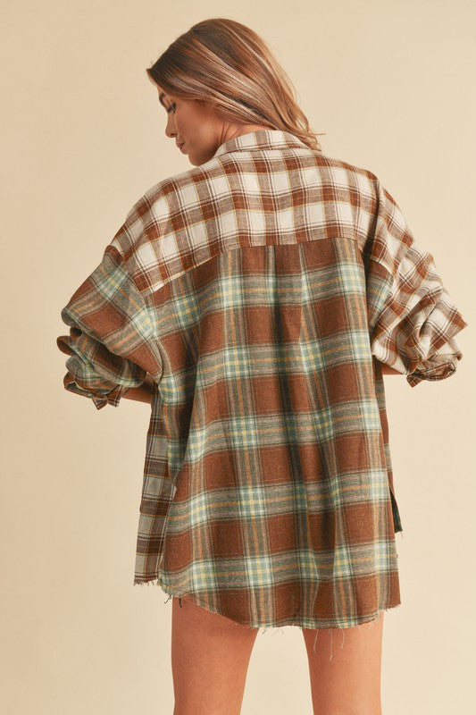 Aemi + Co Frayed Hem Plaid Button Up Flannel Shirt Shirts