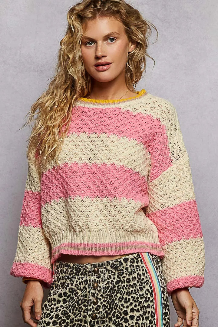PINK STRIPE POL Contrast Striped Round Neck Sweater with Textured Cable Knit Pattern | Sweaters Daverri Fashions