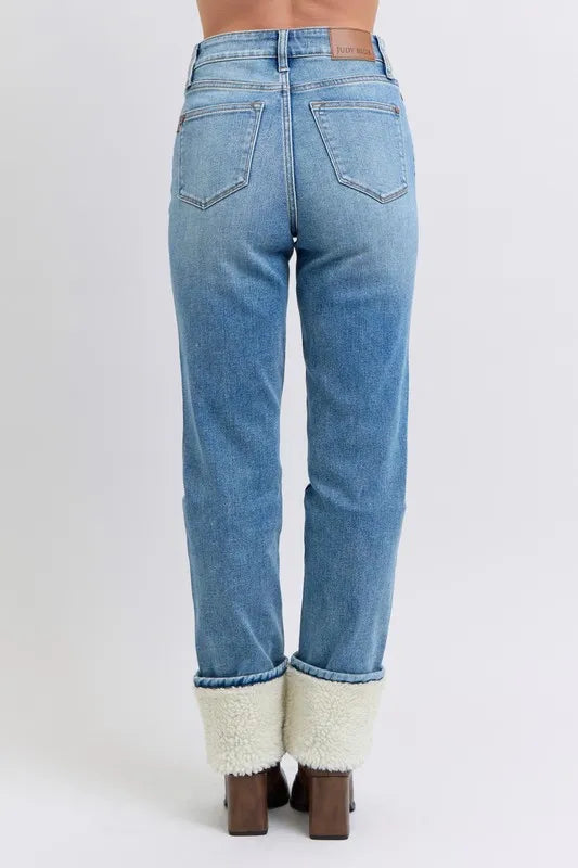 Judy Blue Full Size High Waist Shearling Cuff Straight Jeans